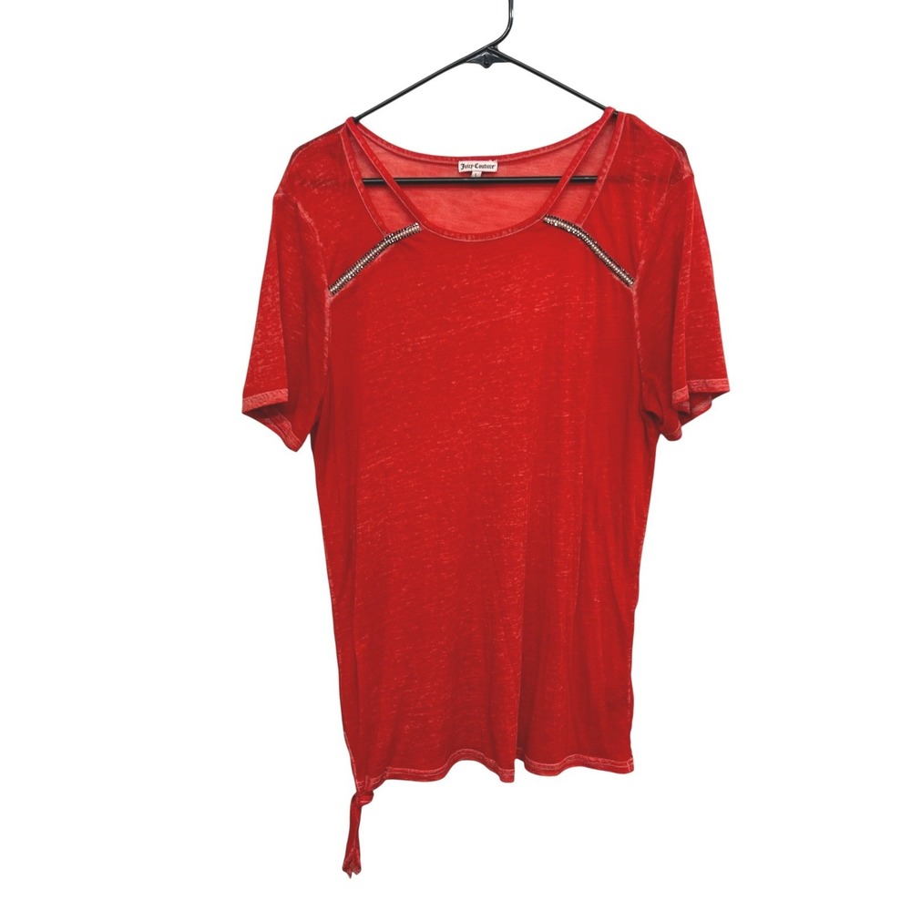 Juicy Couture Red Tie Hem Logo Rhinestone Tee L Y2K Mallcore Casual Juicy‎ Girl